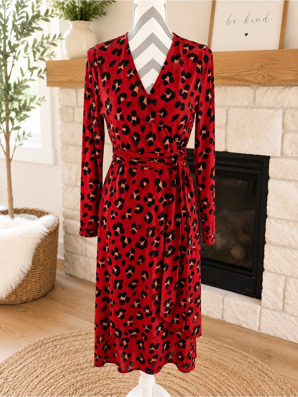 Cabi Siren Wrap Dress red and black leopard print,  long sleeves midi length S